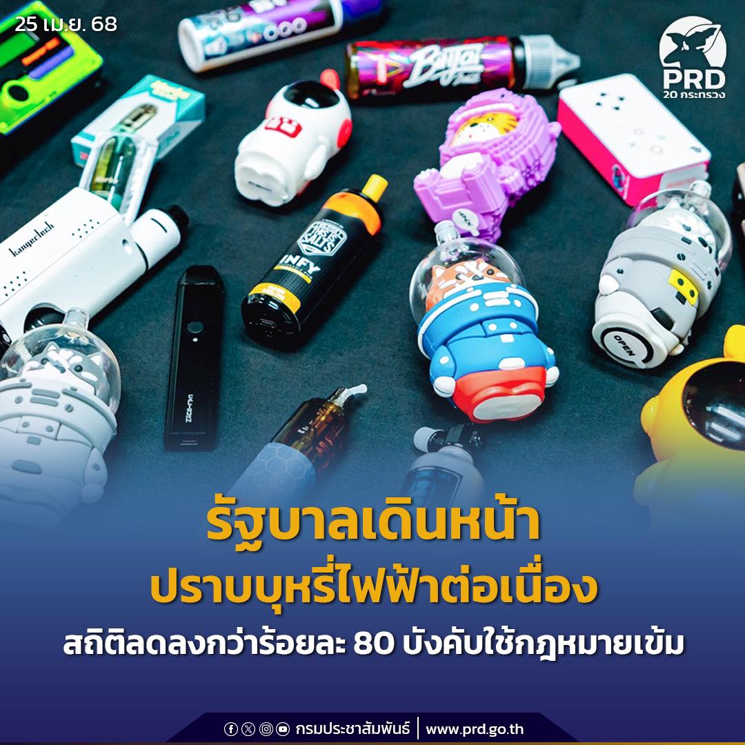 รัฐบาลเดินหน้าปราบบุหรี่ไฟฟ้าต่อเนื่องทำสถิติลดลงกว่าร้อยละ 80 ย้ำบังคับใช้กฎหมายเข้ม