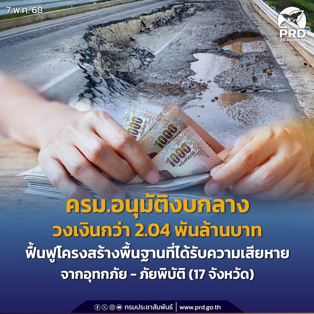 ครม. ไฟเขียวอนุมัติงบกลางวงเงินกว่า 2.04 พันล้านบาท ฟื้นฟูโครงสร้างพื้นฐานที่ได้รับความเสียหายจากอุทกภัย-ภัยพิบัติ