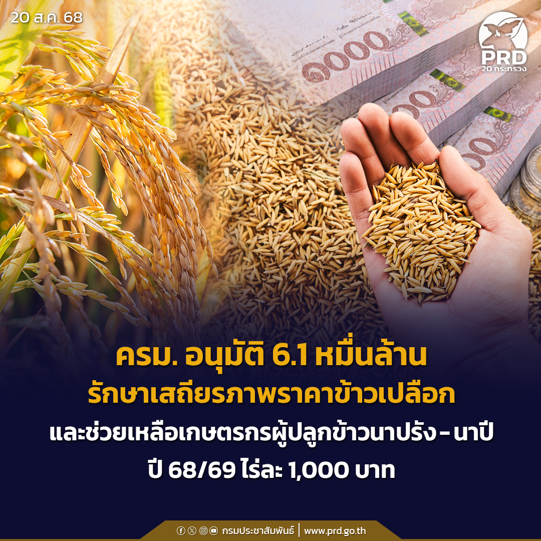 ครม. อนุมัติ 6.1 หมื่นล้าน รักษาเสถียรภาพราคาข้าวเปลือก และช่วยเหลือเกษตรกรผู้ปลูกข้าวนาปรัง-นาปี ปี 68/69 ไร่ละ 1,000 บาท
