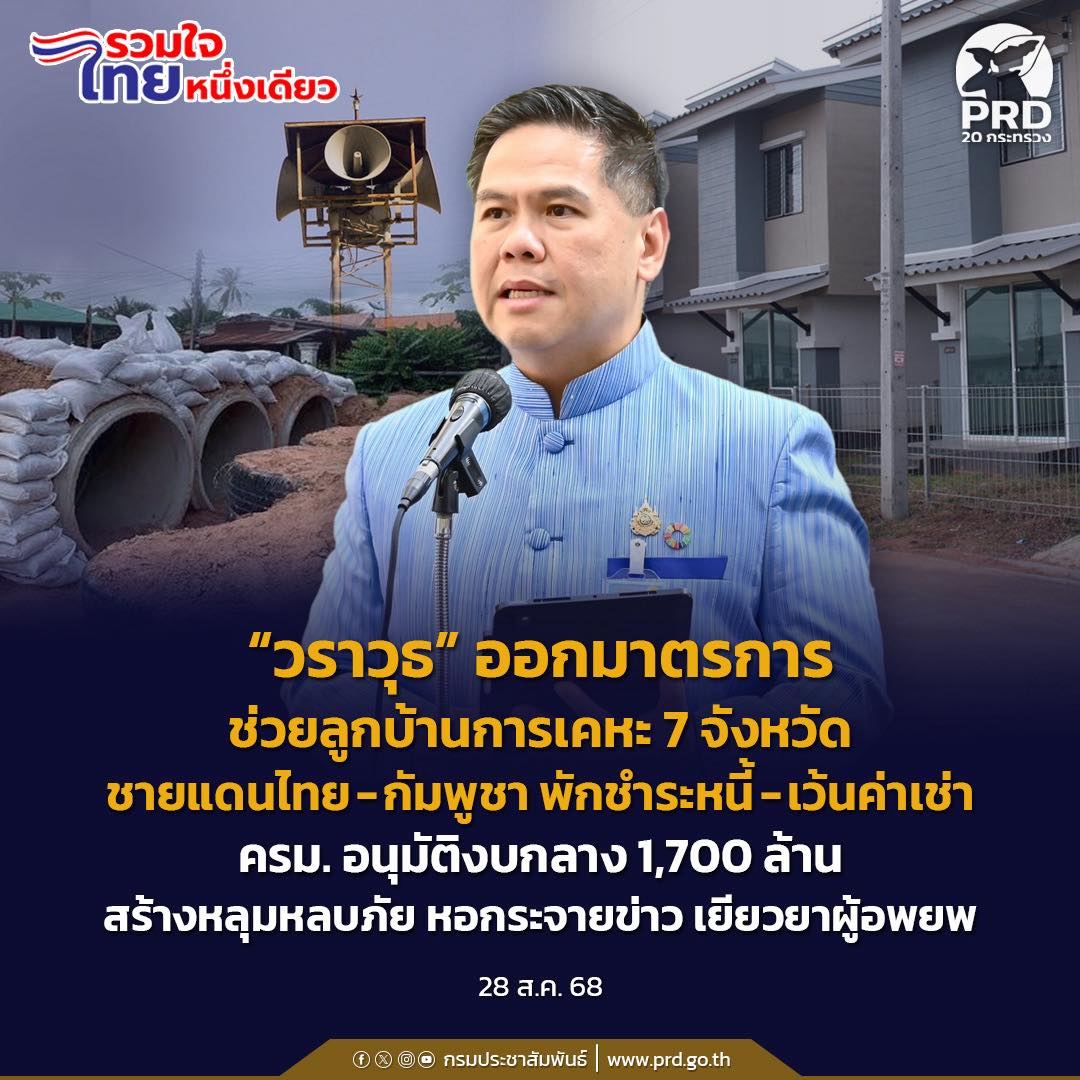 &ldquo;วราวุธ&rdquo; ออกมาตรการช่วยลูกบ้านการเคหะ พื้นที่ 7 จังหวัดชายแดนไทย&ndash;กัมพูชา พักชำระหนี้-เว้นค่าเช่า