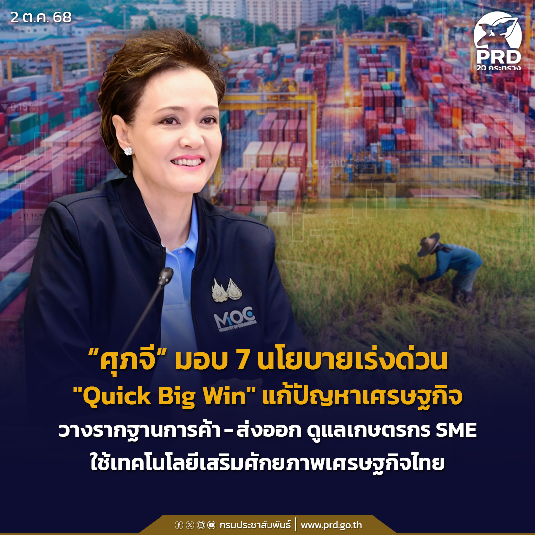 &ldquo;ศุภจี&rdquo; มอบ 7 นโยบายเร่งด่วน &ldquo;Quick Big Win&rdquo;แก้ปัญหาเศรษฐกิจ วางรากฐานการค้า&ndash;ส่งออก ดูแลเกษตรกร SME ใช้เทคโนโลยีเสริมศักยภาพเศรษฐกิจไทย