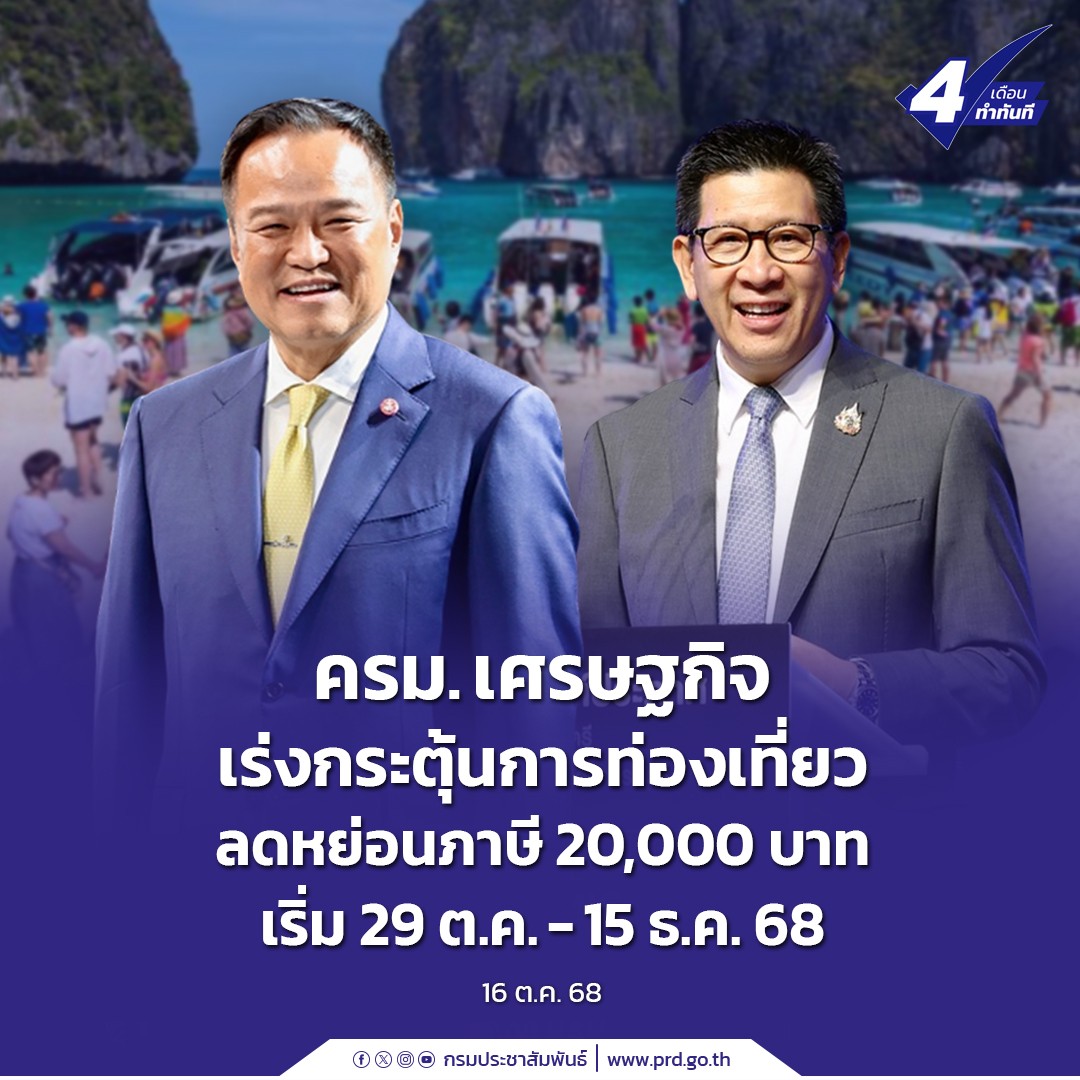 ครม.เศรษฐกิจ เร่งกระตุ้นการท่องเที่ยว ลดหย่อนภาษี 20,000 บาท เริ่ม 29 ต.ค. - 15 ธ.ค. 68