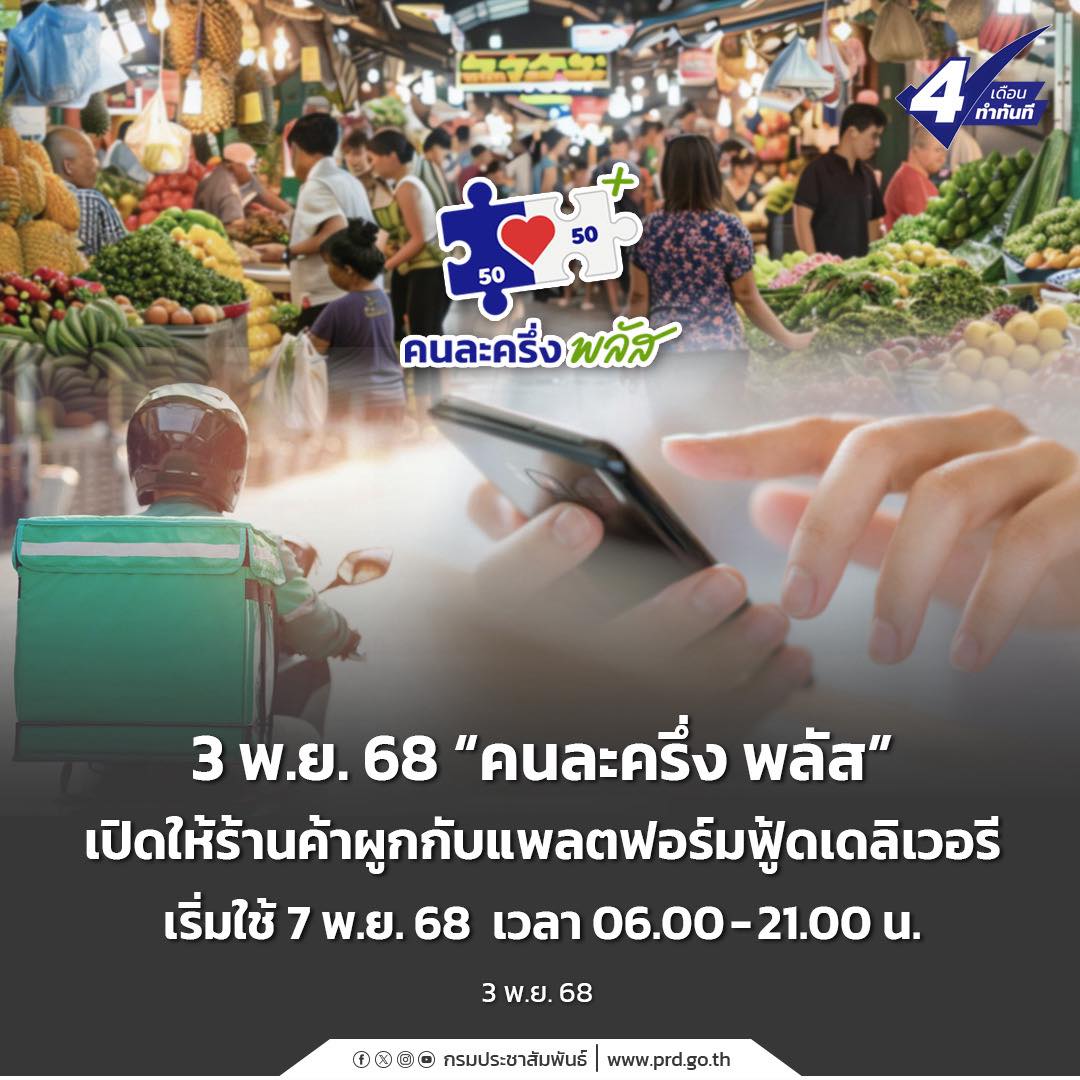 &ldquo;คนละครึ่ง พลัส&rdquo; เปิดให้ร้านค้าผูกกับแพลตฟอร์มฟู้ดเดลิเวอรี เริ่มใช้ 7 พ.ย. 68 เวลา 06.00 - 21.00 น.