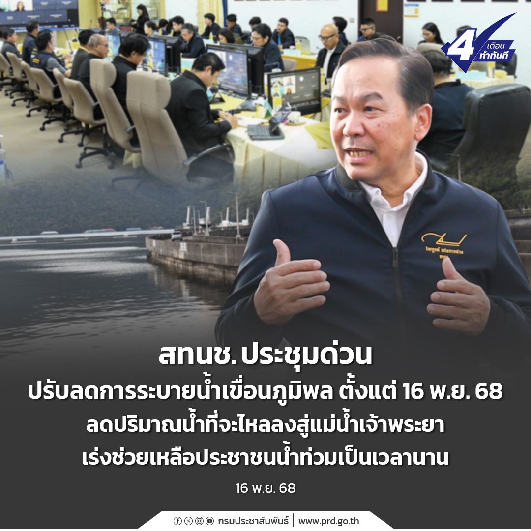 สทนช. ประชุมด่วน ปรับลดการระบายน้ำเขื่อนภูมิพล ตั้งแต่ 16 พ.ย. 68 ลดปริมาณน้ำที่จะไหลลงสู่แม่น้ำเจ้าพระยา เร่งช่วยเหลือประชาชนน้ำท่วมเป็นเวลานาน