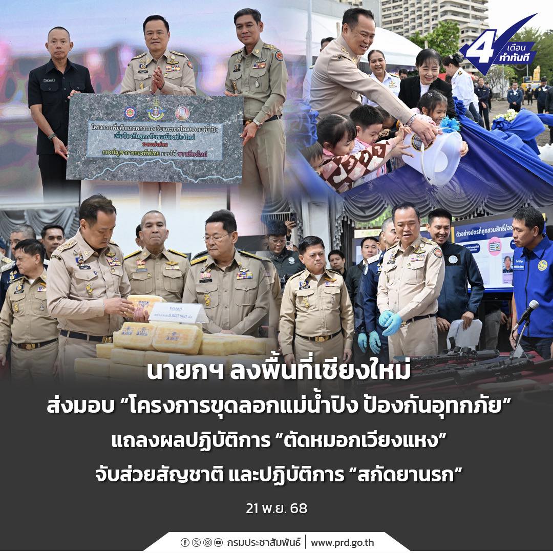 นายกฯ ลงพื้นที่เชียงใหม่ ส่งมอบ &ldquo;โครงการขุดลอกแม่น้ำปิง ป้องกันอุทกภัย&rdquo; แถลงผลปฏิบัติการ &ldquo;ตัดหมอกเวียงแหง&rdquo; จับส่วยสัญชาติ และปฏิบัติการ &ldquo;สกัดยานรก&rdquo;